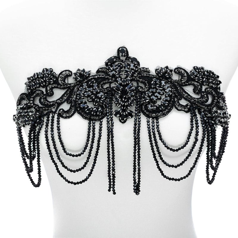 amusediy Black Beaded Rhinestones Applique Embellishment for Clothes,Epaulettes Shoulder Patches Sew-on Diamond Sequin Applique for Wedding Dress DIY Accessories Belt Waist Decoration - Image 1